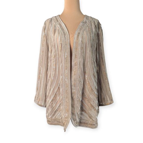 Travelers Collection Chicos sz 2 Beige silver Open Front Semi Sheer Jacket - Picture 1 of 7